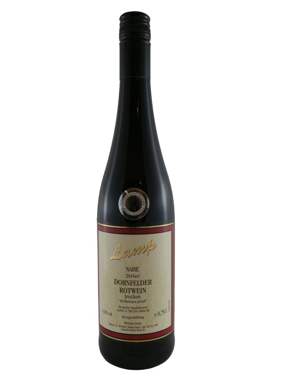 2016er Dornfelder Rotwein Qualitätswein trocken Silberne Kammerpreismünze